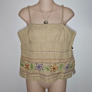 Y2k Roxy Quiksilver Cami Top Beige Floral Embroidered Cottagecore